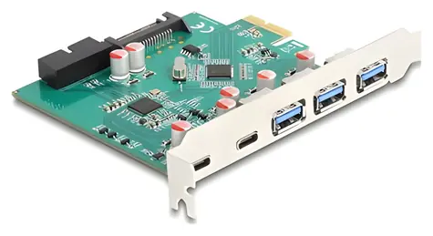 Delock / PCI Express karta / 3x extern USB Typ-A + 2x extern USB-C / 1x intern 19pin USB / USB 3.2 Gen 1 (5 Gbps)