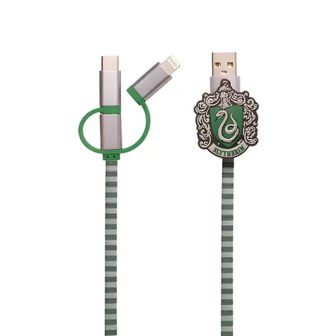 ThumbsUp! Slytherin zelená, šedá / Nabíjecí kabel / 3v1 / USB-A, Micro-USB, Lightning, USB-C / 1 m
