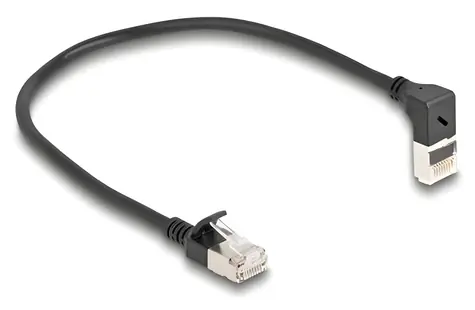 Delock RJ45 Cat.6A S/FTP Slim patch kabel černá / Síťový kabel / 0,25 m / RJ45 přímý - RJ45 pravoúhlý