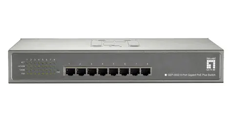 LevelOne PoE+ switch 8x Gigabit 240W / Switch / Unmanaged / 8x GbE PoE+ porty / Rack 19