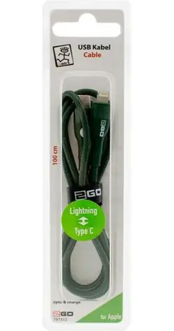 2GO zelená / Nabíjecí a datový kabel / USB-C na Lightning / 1 m / nylon
