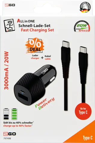 2GO 20W černá / Nabíječka do auta / 1x USB-A / 1x USB-C / kabel USB-C 100 cm / Fast Charge, PD