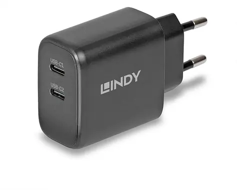 Lindy GaN 65W černá / Nabíječka / 2x USB-C / Power Delivery 3.0 / GaN