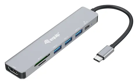 Equip USB-C 7v1 stříbrná / Dokovací stanice / HDMI 4K 60Hz / 3x USB-A / SD/microSD / PD 100W / 0,25 m