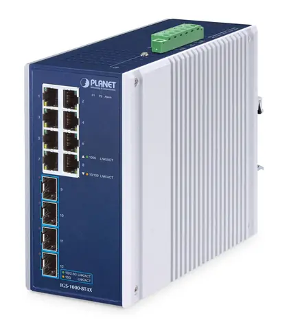 PLANET IGS-1000-8T4X / Switch průmyslový / Unmanaged / 8x Gigabit RJ-45 / 4x SFP / IP30