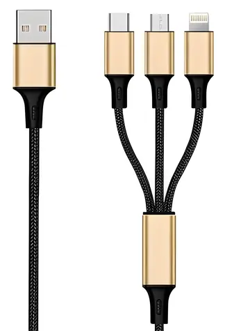 2GO 3in1 černá, zlatá / Nabíjecí kabel / USB-A na USB-C, Micro-USB, Lightning / 1,5 m / 3 A