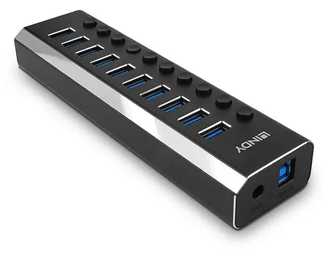 Lindy 10 Port USB 3.0 Hub černá / Rozbočovač / vypínače portů / napájecí adaptér 12V/3A