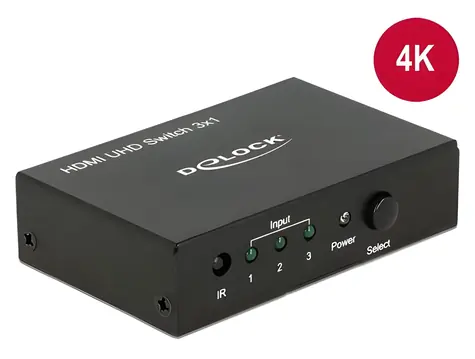 Delock / HDMI přepínač 3 vstupy na 1 výstup / 4K Ultra HD / HDCP / dálkový ovladač