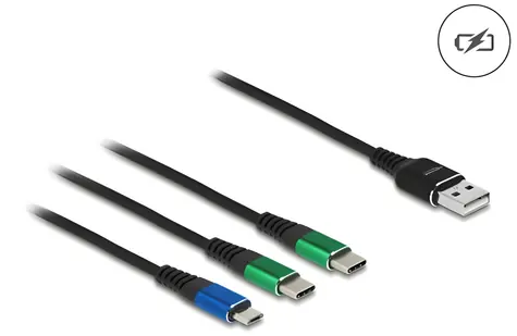 Delock USB-A 3v1 černá, modrá, zelená / Nabíjecí kabel / Micro-USB, USB-C / 3 A / 1 m