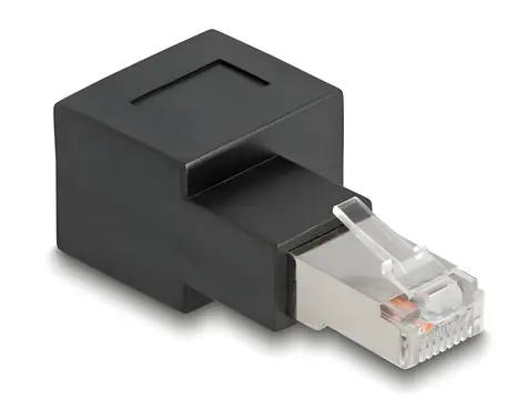 DeLock / Adaptér RJ45 zástrčka-zásuvka 90° / Cat.6A / pozlacené kontakty / černá