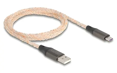 DeLock USB-A - USB-C kabel 1 m transparentní / USB kabel / RGB podsvícení / USB 2.0 480 Mbit/s / zlacené konektory