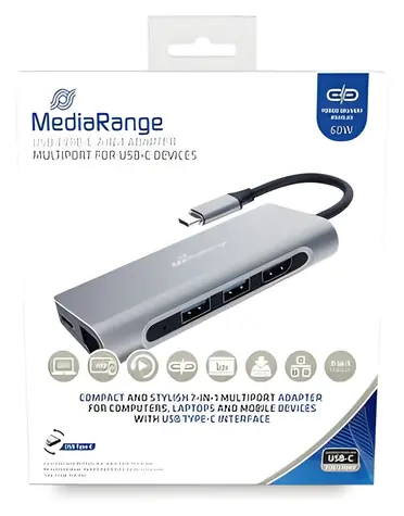 MediaRange USB-C stříbrná / Dokovací stanice / HDMI / USB 3.2 / RJ-45 / PD 60W / čtečka karet SD