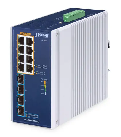 PLANET IGS-1000-8UP4X / Switch průmyslový / Unmanaged / 8x Gigabit PoE+ / 4x SFP / IP30