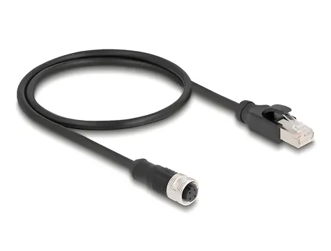 DeLock M12 4pin D-kód (F) - RJ45 (M) / Průmyslový síťový kabel / 50 cm / -25 až 80 °C