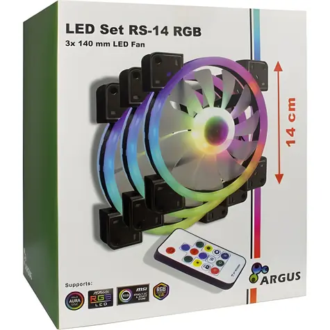 Inter-Tech ARGUS RS-14 černá / Ventilátor / 140 mm / 3 ks / RGB / 1200 RPM / 22 dB / 4-pin PWM