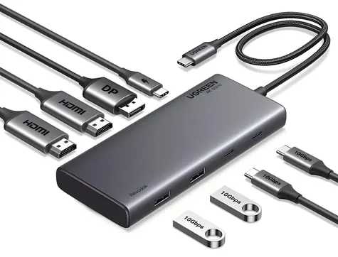 Ugreen CM639 šedá / USB hub / 2x HDMI / DisplayPort / 2x USB 3.2 / 2x USB-C / PD / 4K 60Hz