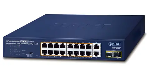 Planet PoE switch 16-port GE 802.3at / Switch / Unmanaged / 2x GE + 2x SFP uplink / 185W / 19