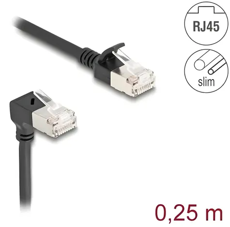 DeLock RJ45 / Patch kabel / Cat.6a S/FTP / 0,25 m / přímý - úhlový 90° / černá