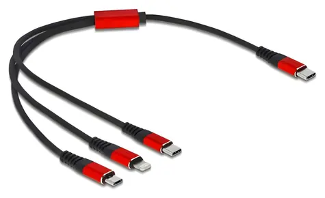DeLock USB-C černá, červená / Napájecí kabel 3v1 / USB-C na Micro-USB, USB-C, Lightning / 0,3 m