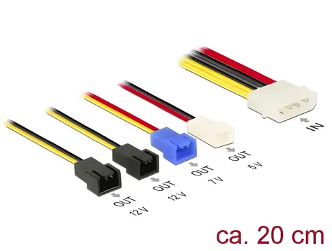 DeLock / Napájecí kabel / Molex 4pin (M) -> 4x 2pin fan (M) / 0,2 m