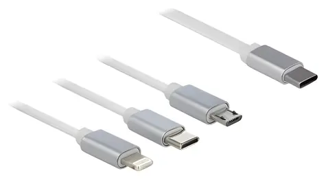 Delock 3v1 bílá / Nabíjecí kabel / USB-C - Lightning/Micro USB / Smotávací / 0,98 m