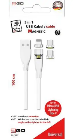 2GO bílá / Nabíjecí kabel 3v1 / USB-A na USB-C, Micro-USB, Lightning / magnetický konektor / 1 m