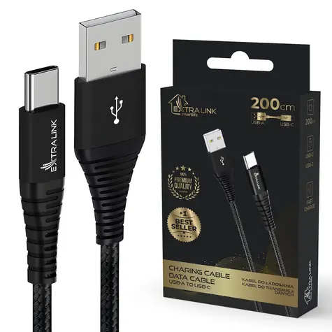 Extralink Smart Life černá / USB kabel / USB-A - USB-C / 2 m / 15W / pletený nylon