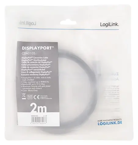 LogiLink DisplayPort 1.4 černo-šedá / Kabel DisplayPort / 2 m / 8K/60 Hz