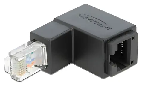DeLock adaptér RJ45 (M) pravoúhlý dolů - RJ45 (F) Cat.6 UTP černá / Adaptér / Cat6 UTP / pozlacené kontakty
