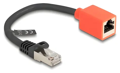 Delock / Ochranný adaptér RJ45 / Cat.6A S/FTP / odlamovací pojistka / 0,2 m / černá, červená
