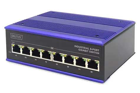Digitus Switch Ind. modrá / Switch / Průmyslový / 8x Gigabit / Unmanaged / DIN lišta
