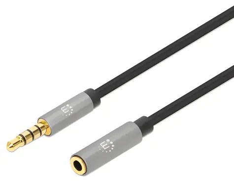 Manhattan Aux 3,5 mm / Prodlužovací audio kabel / Jack 3,5mm samec-samice / 1 m / černá, stříbrná
