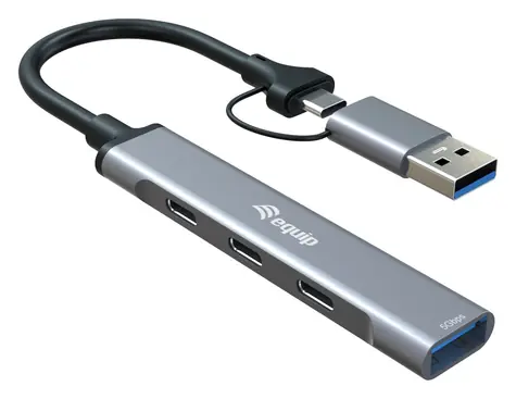 Equip šedá / USB hub / 4 porty / 3x USB-C, 1x USB-A / USB 3.2 Gen 1 / 5 Gbit/s