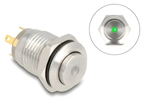 Delock 12 mm zelená LED / Tlačítko / 4x pájecí kontakt / 230 V, 3 A / IP65