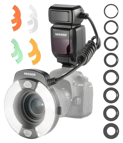 Neewer RF1-C / Kruhový makroblesk / Canon E-TTL / GN15 / adaptéry 49-77 mm