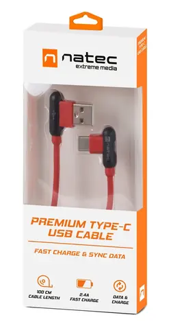 Natec Prati červená / Datový kabel / USB-C - USB-A / úhlový konektor / 1 m