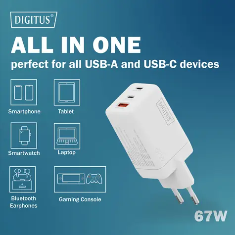 Digitus GaN 67W / Nabíjecí adaptér / 2x USB-C / 1x USB-A