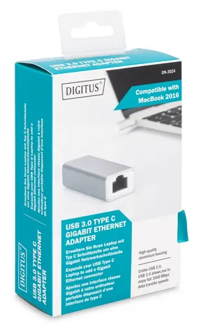 Digitus DN-3024 bílá / Síťový adaptér / USB-C 3.2 Gen 1 / RJ45 Gigabit Ethernet / 10/100/1000 Mbps
