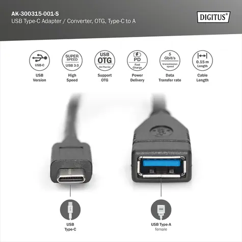 Digitus USB-C na USB-A kabel černý / Datový kabel / USB 3.0 / 1 m / 3 A / 5 Gbps