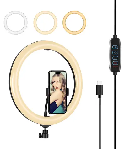 Puluz LED Ring Light / Kruhové světlo s držákem telefonu / 3 barvy světla / USB-C / 2m kabel