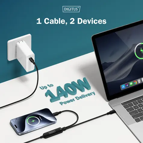 Digitus USB-C 2v1 / Nabíjecí kabel / 140 W / 1,8 m