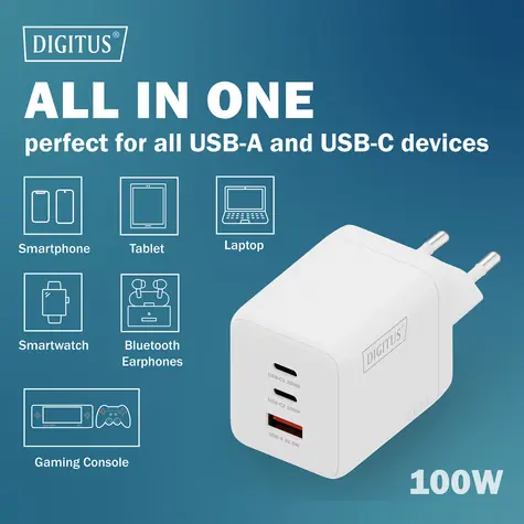 Digitus GaN 100W / Síťová nabíječka / 2x USB-C / 1x USB-A