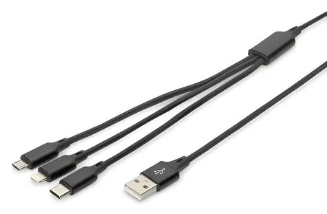 Digitus USB-A 3v1 černá / Nabíjecí kabel / Lightning, microUSB, USB-C / 1 m / bavlněný oplet