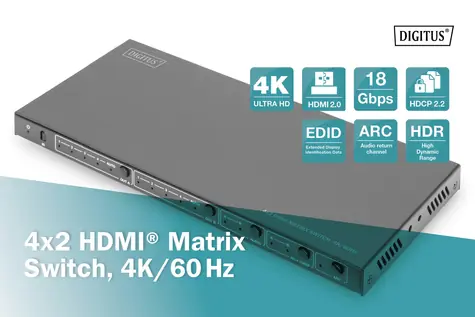 Digitus HDMI Matrix Switch 4x2 / Video přepínač / 4 vstupy / 2 výstupy / 4K, 60Hz
