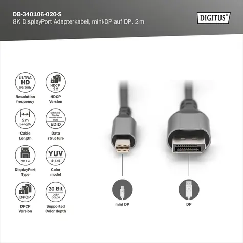 Digitus Mini DP - DP / Redukce / DisplayPort / 8K / 2 m