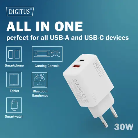 Digitus GaN 30W / Nabíječka / 1x USB-C / 1x USB-A