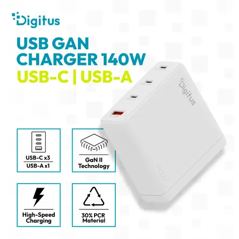 Digitus GaN nabíječka 140W / Síťová nabíječka / 3x USB-C / 1x USB-A
