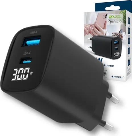 Gembird TA-UC-PDQC30LCD-BK-01 černá / Síťová nabíječka / 30W / LCD displej / PD & QC