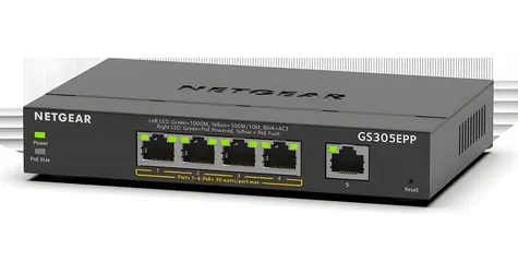 NETGEAR GS305EPP-100PES / Switch / Managed / 5× Gigabit LAN / 4× PoE+ (802.3at) / Fanless