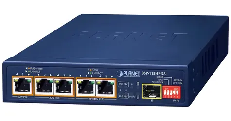 Planet BSP-115HP-5A / PoE switch solární hybridní / 5x 1Gb / 1x SFP / PoE++ 802.3bt / -20 až 65°C